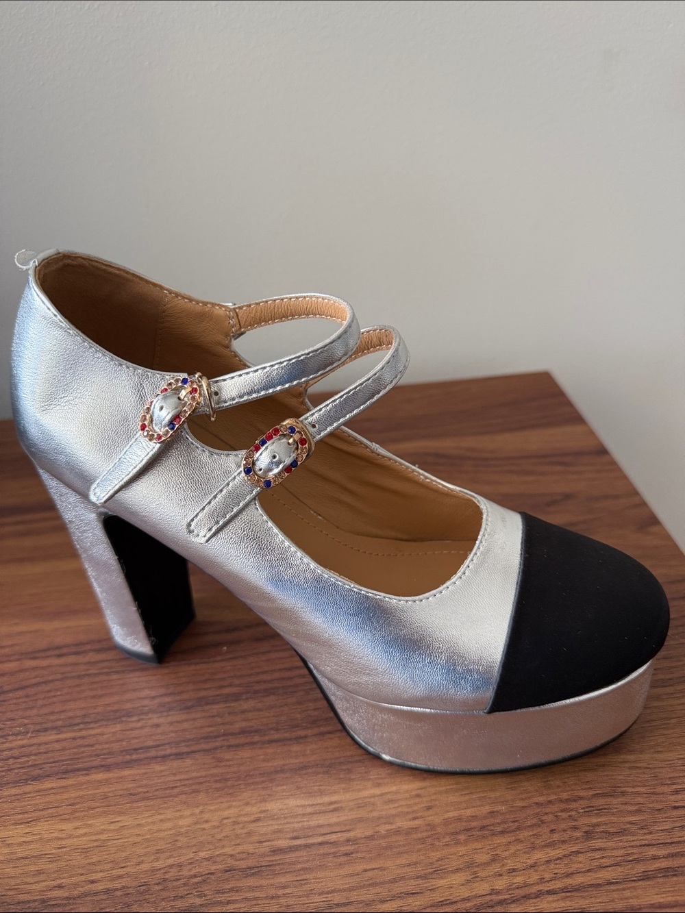 Metallic Silver & Black Satin Mary Jane’s w/Double Straps & Block Heel. Size 37.